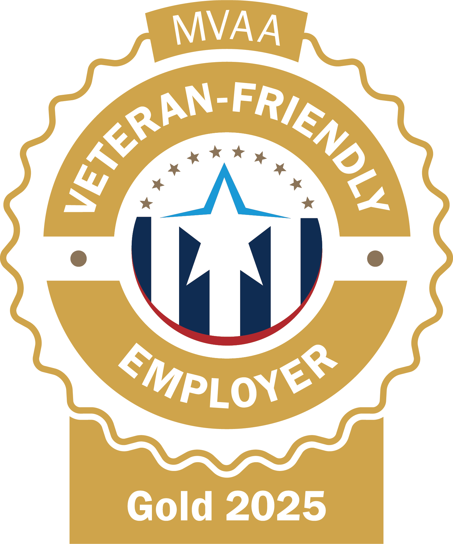 Graphical Image: Gold, Blue, and Red Michigan Veterans Affairs Agency. Veteran Friendly Employer Certification Logo. Gold Level 2025